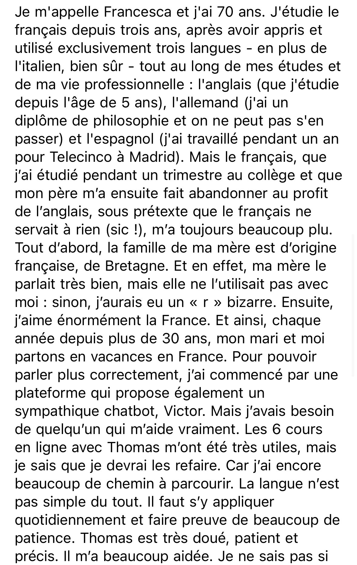 Avis de Francesca sur les cours avec Thomas